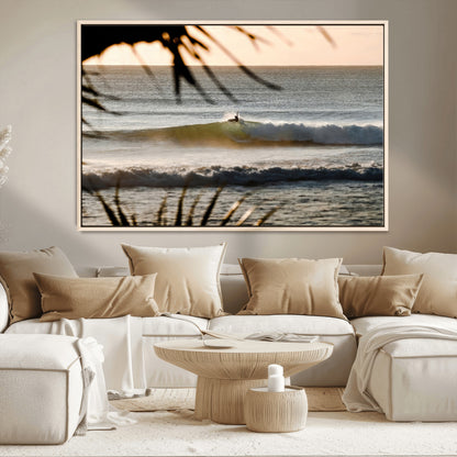 24896468-MGV-CV-36X24-Sunset Surf Wall Art Canvas Print, Framed Golden Waves Art Picture Print, Tropical Ocean Perfect Tropical Boho Decor Artwork