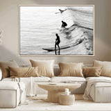 19875284-MGV-CV-36X24-Surfer Waves Wall Art Canvas Print, Framed Black White Surf Art Picture Print, Monochrome Ocean Perfect Modern Coastal Decor