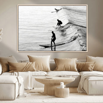 19875284-MGV-CV-36X24-Surfer Waves Wall Art Canvas Print, Framed Black White Surf Art Picture Print, Monochrome Ocean Perfect Modern Coastal Decor