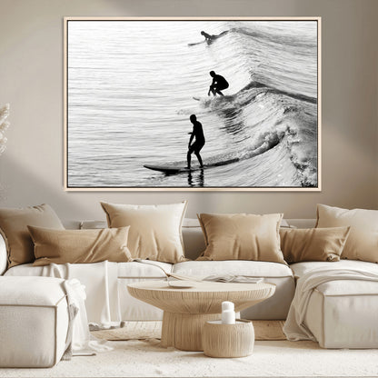 19875284-MGV-CV-36X24-Surfer Waves Wall Art Canvas Print, Framed Black White Surf Art Picture Print, Monochrome Ocean Perfect Modern Coastal Decor