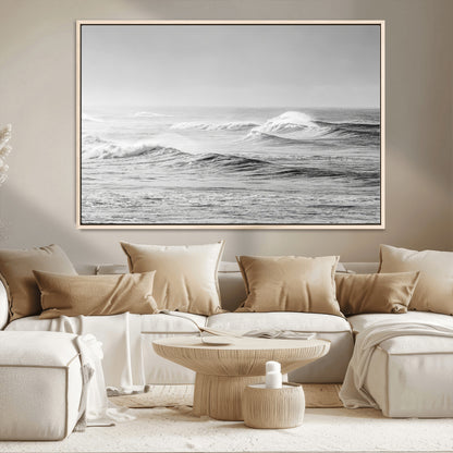 98634812-MGV-CV-36X24-Black and White Ocean Waves Wall Art – Minimalist Sea Canvas Print, Coastal Photography Decor for Living Room, Bedroom or Office