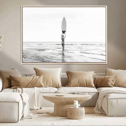 98446901-MGV-CV-36X24-Monochrome Surf Wall Art Canvas Print, Framed Minimalist Surfer Art Picture Print, Surfboard Silhouette Perfect Coastal Minimalist