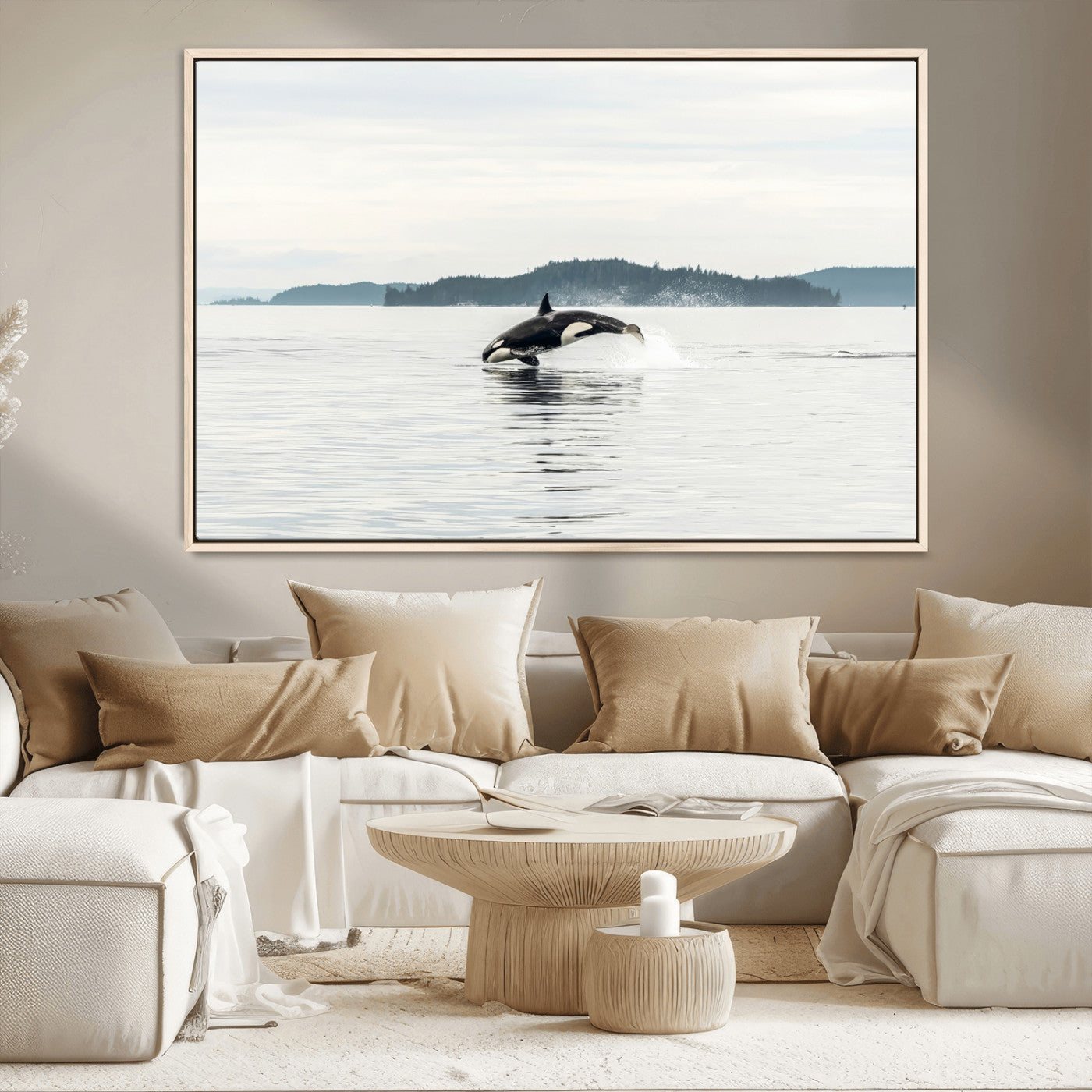 10157174-MGV-CV-36X24-Orca Whale Wall Art Canvas Print, Framed Black White Whale Art Picture Print, Minimalist Ocean Perfect Coastal Minimalist Decor