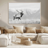 62278753-MGV-CV-36X24-Monochrome Elk Wall Art Canvas Print, Framed Mountain Wildlife Art Picture Print, Rustic Nature Perfect Rustic Minimalist Decor
