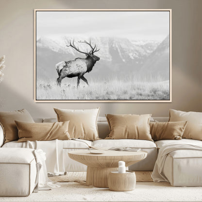 62278753-MGV-CV-36X24-Monochrome Elk Wall Art Canvas Print, Framed Mountain Wildlife Art Picture Print, Rustic Nature Perfect Rustic Minimalist Decor