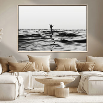 69541918-MGV-CV-36X24-Black White Ocean Wall Art Canvas Print, Framed Moody Seascape Art Picture Print, Surfer Sign Perfect Moody Minimalist Decor
