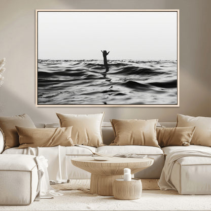 69541918-MGV-CV-36X24-Black White Ocean Wall Art Canvas Print, Framed Moody Seascape Art Picture Print, Surfer Sign Perfect Moody Minimalist Decor