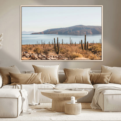 45193515-MGV-CV-36X24-Desert Cactus Wall Art Canvas Print, Framed Baja Coastline Art Picture Print, Coastal Desert Perfect Southwestern Minimalist Decor