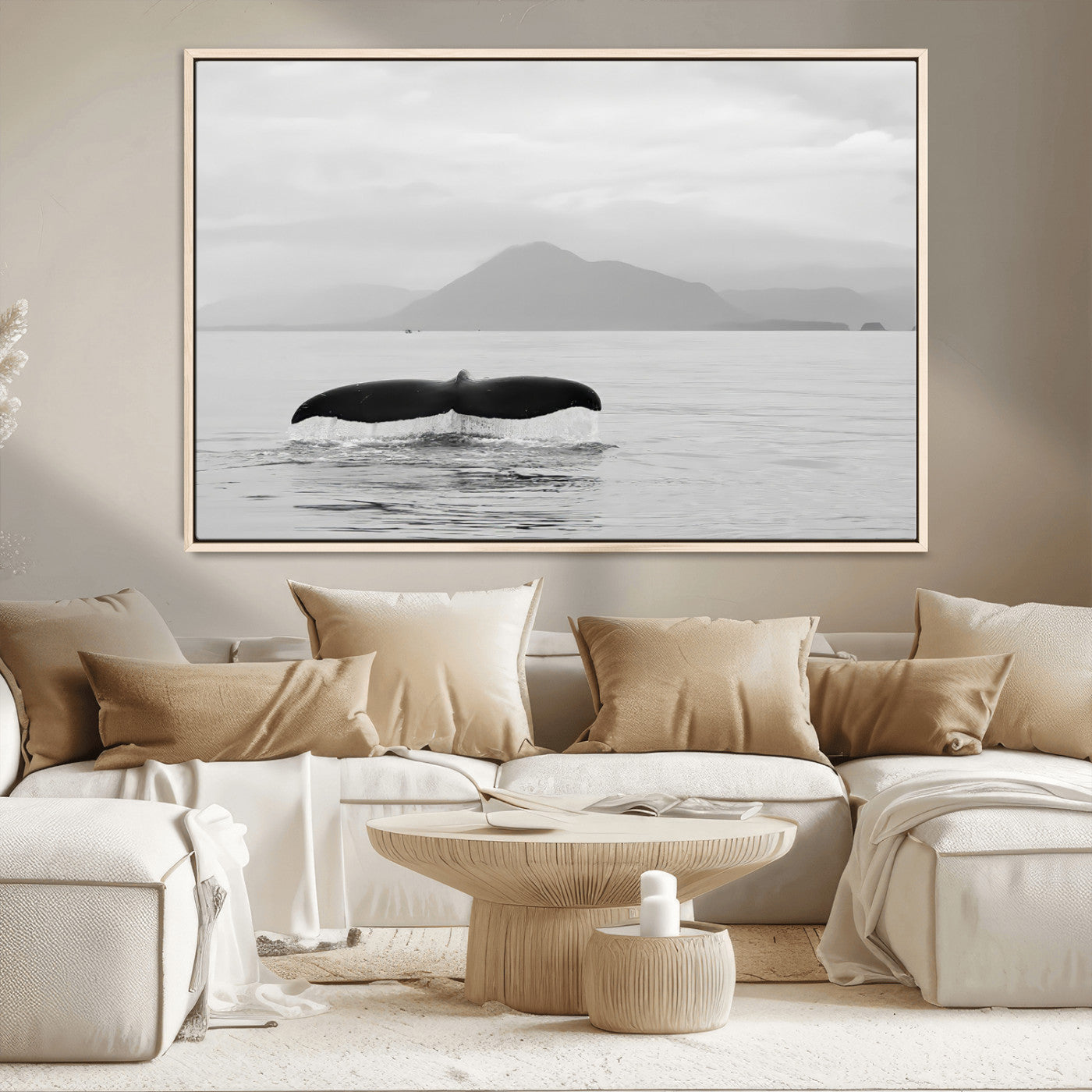 30524220-MGV-CV-36X24-Whale Tail Wall Art Canvas Print, Framed Black White Ocean Art Picture Print, Calm Marine Perfect Minimalist Coastal Decor Artwork