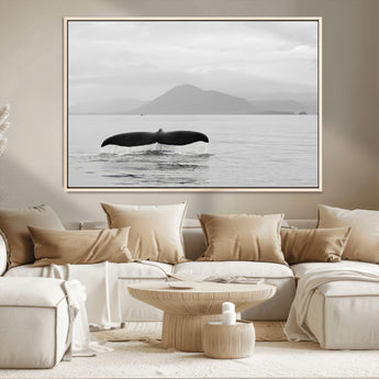 30524220-MGV-CV-36X24-Whale Tail Wall Art Canvas Print, Framed Black White Ocean Art Picture Print, Calm Marine Perfect Minimalist Coastal Decor Artwork