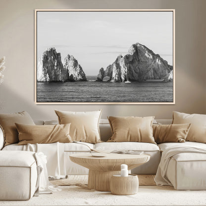 18810731-MGV-CV-36X24-Rugged Coastline Wall Art Canvas Print, Framed Ocean Cliffs Art Picture Print, Monochrome Seascape Perfect Coastal Minimalist