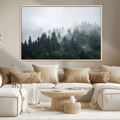 84146572-MGV-CV-36X24-Foggy Pine Trees Wall Art Canvas Print, Framed Forest Nature Art Picture Print, Evergreen Forest Perfect Scandinavian Minimalist