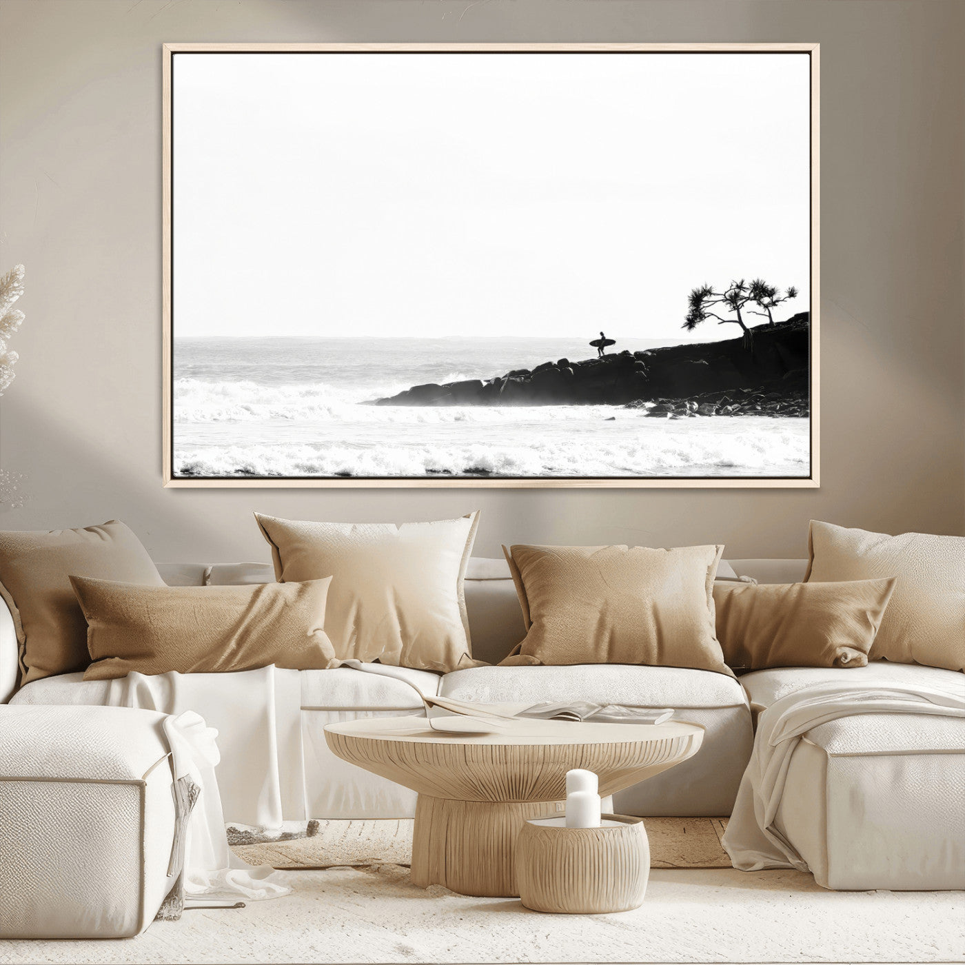 40875891-MGV-CV-36X24-SurferCliffs Wall Art Canvas Print, Framed Black White Beach Art Picture Print, Ocean Waves Perfect Minimalist Coastal Decor