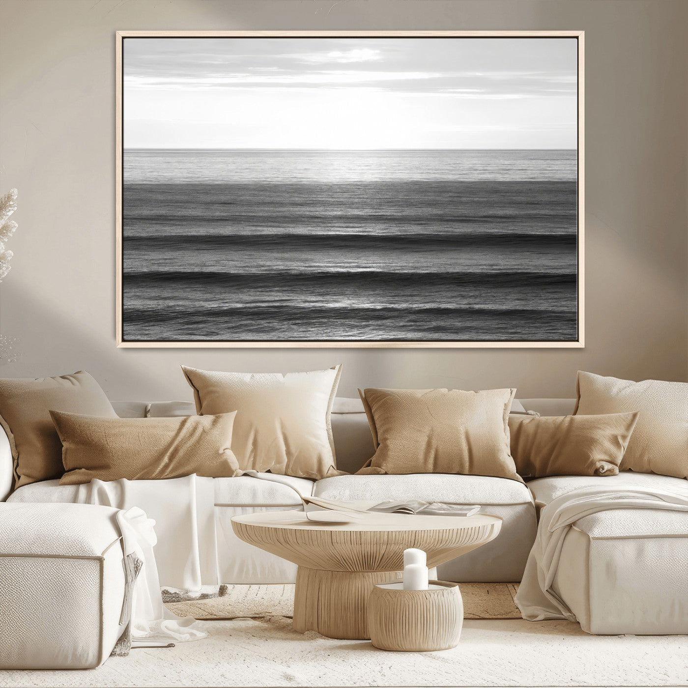 47305203-MGV-CV-36X24-Monochrome Ocean Wall Art Canvas Print, Framed Moody Ocean Art Picture Print, Calm Ocean Perfect Minimalist Coastal Decor Artwork