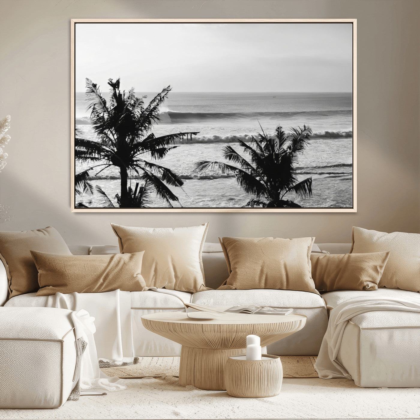 17508038-MGV-CV-36X24-Tropical Coastline Wall Art Canvas Print, Framed Palm Trees Art Picture Print, Ocean Waves Perfect Minimalist Coastal Decor