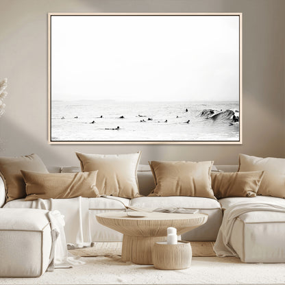 38441169-MGV-CV-36X24-Monochrome Swimming Wall Art Canvas Print, Framed Ocean Horizon Art Picture Print, Moody Coastal Perfect Minimalist Coastal Decor