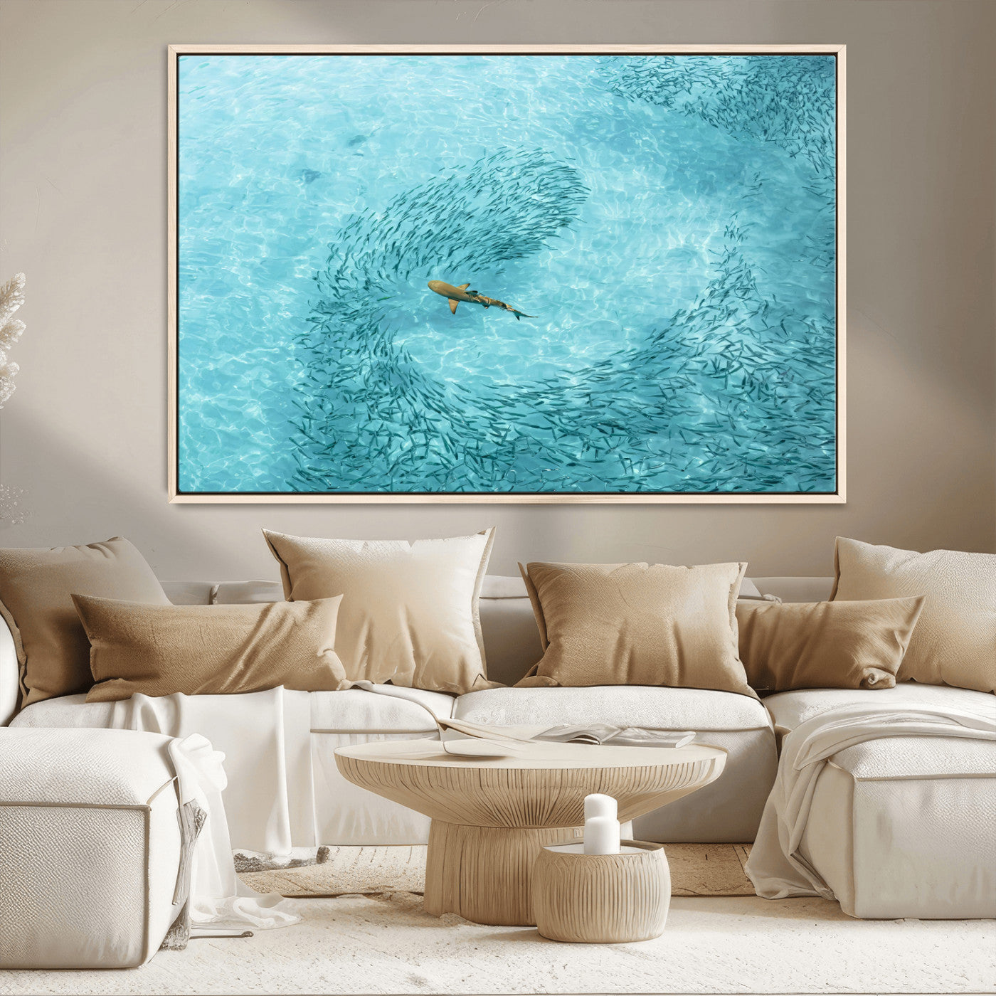 43671474-MGV-CV-36X24-Fish Swarm Wall Art Canvas Print, Framed Marine Life Art Picture Print, Shark Aerial Perfect Wildlife Coastal Decor Artwork