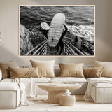 32353707-MGV-CV-36X24-Black White Surfing Wall Art Canvas Print, Framed Coastal Surfing Art Picture Print, Wave Riders Perfect Coastal Adventure Decor