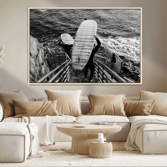 32353707-MGV-CV-36X24-Black White Surfing Wall Art Canvas Print, Framed Coastal Surfing Art Picture Print, Wave Riders Perfect Coastal Adventure Decor