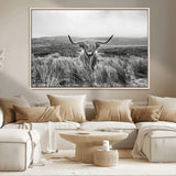 24051061-MGV-CV-36X24-Monochrome Highland Cow Wall Art Canvas Print, Framed Scottish Bull Art Picture Print, Lone Cattle Perfect Rustic Farmhouse Decor