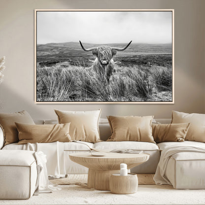 24051061-MGV-CV-36X24-Monochrome Highland Cow Wall Art Canvas Print, Framed Scottish Bull Art Picture Print, Lone Cattle Perfect Rustic Farmhouse Decor