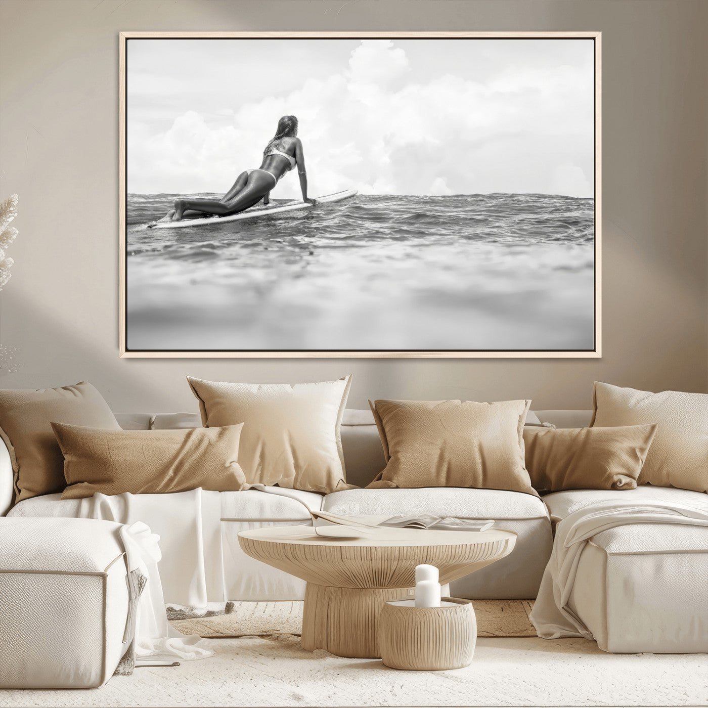 69798068-MGV-FC-36X24_Natural-Black White Surfing Wall Art Canvas Print, Framed Ocean Horizon Art Picture Print, Surfer Girl Perfect Coastal Adventure Decor