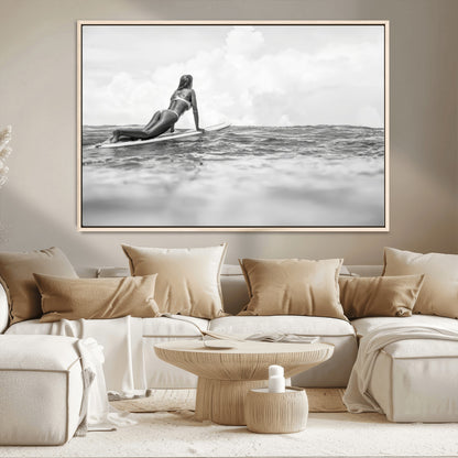 69798068-MGV-FC-36X24_Natural-Black White Surfing Wall Art Canvas Print, Framed Ocean Horizon Art Picture Print, Surfer Girl Perfect Coastal Adventure Decor