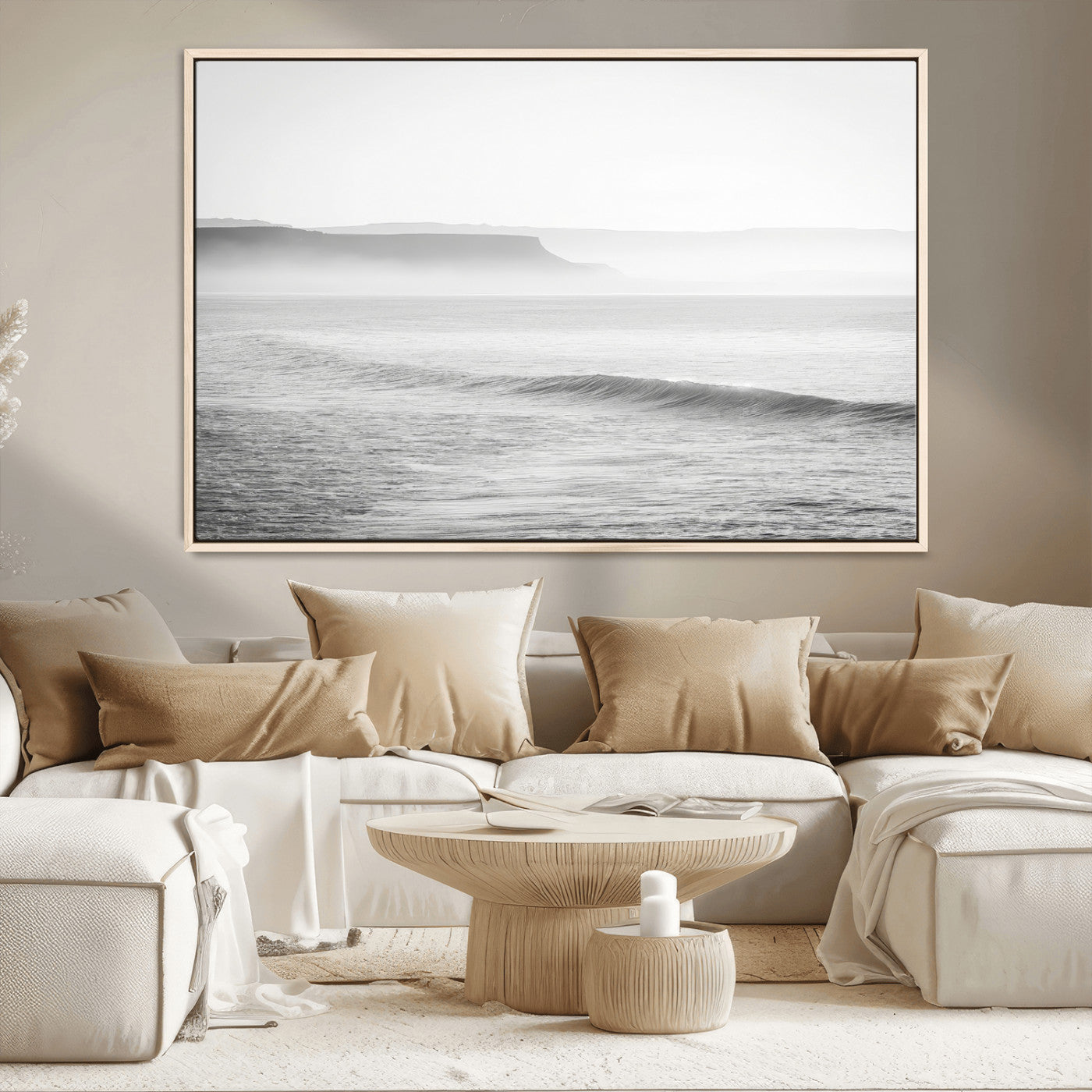 60635783-MGV-CV-36X24-Black White Seascape Wall Art Canvas Print, Framed Ocean Waves Art Picture Print, Misty Coastal Perfect Minimalist Coastal Decor