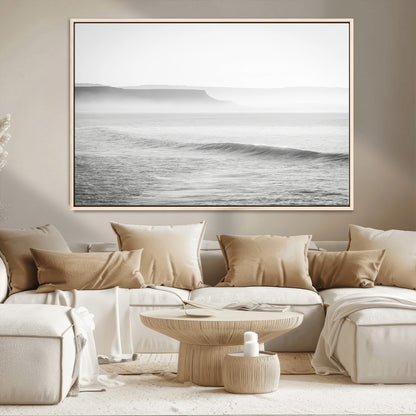 60635783-MGV-CV-36X24-Black White Seascape Wall Art Canvas Print, Framed Ocean Waves Art Picture Print, Misty Coastal Perfect Minimalist Coastal Decor