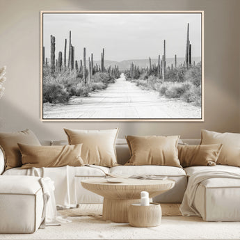 35537313-MGV-CV-36X24-Monochrome Desert Wall Art Canvas Print, Framed Cactus Path Art Picture Print, Southwestern Landscape Perfect Southwestern