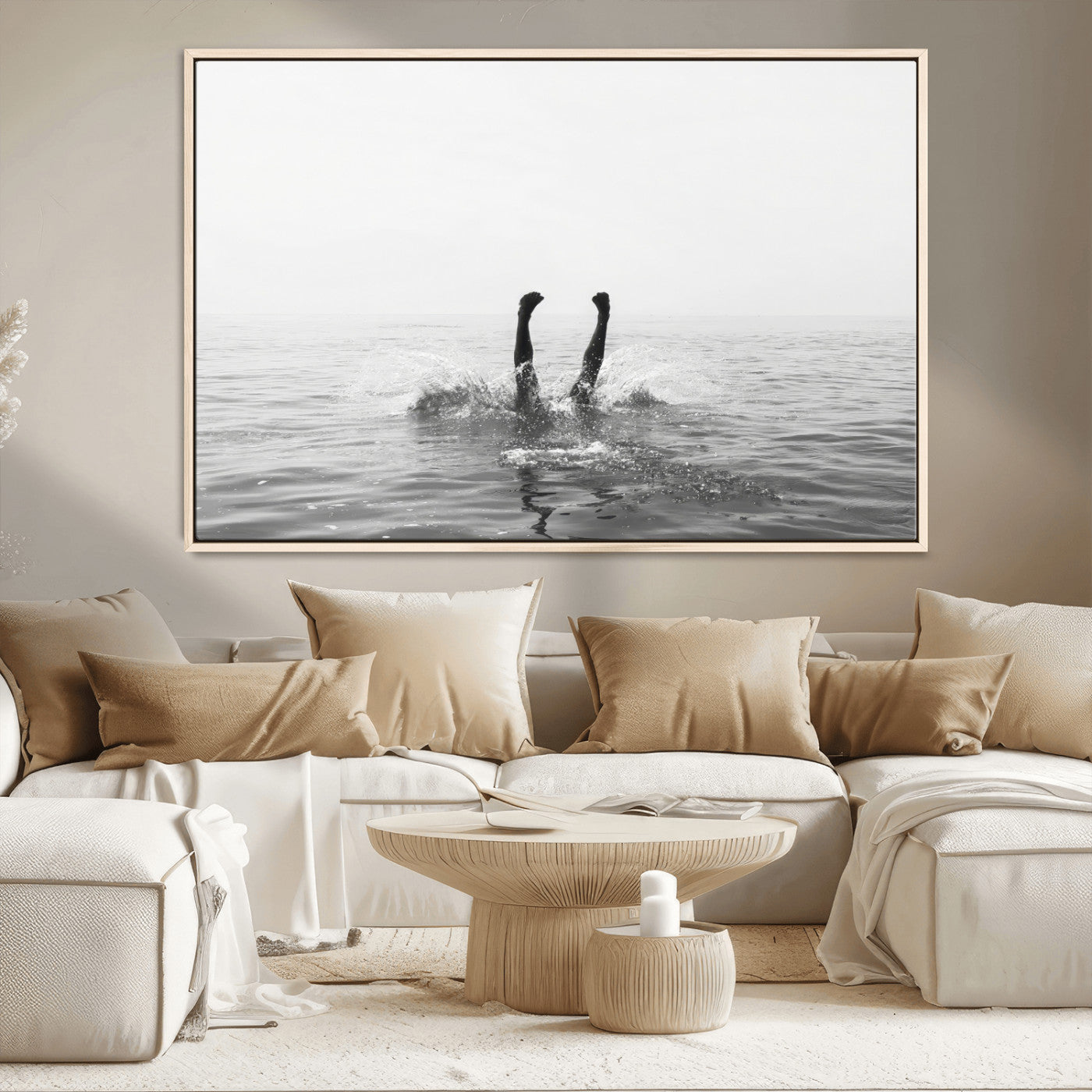 26667396-MGV-CV-36X24-Black White Ocean Wall Art Canvas Print, Framed Monochrome Water Art Picture Print, Diving into Water Perfect Minimalist Aquatic