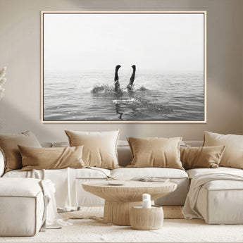 26667396-MGV-CV-36X24-Black White Ocean Wall Art Canvas Print, Framed Monochrome Water Art Picture Print, Diving into Water Perfect Minimalist Aquatic