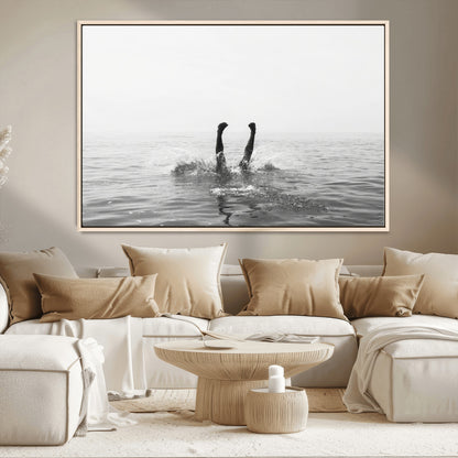 26667396-MGV-CV-36X24-Black White Ocean Wall Art Canvas Print, Framed Monochrome Water Art Picture Print, Diving into Water Perfect Minimalist Aquatic