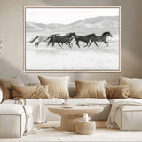 69934913-MGV-CV-36X24-Wild Horses Running Wall Art Canvas Print, Framed Black White Mustangs Art Picture Print, Rustic Western Perfect Rustic Western