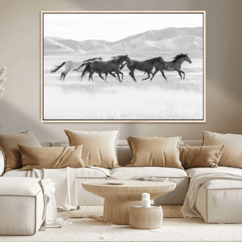 69934913-MGV-CV-36X24-Wild Horses Running Wall Art Canvas Print, Framed Black White Mustangs Art Picture Print, Rustic Western Perfect Rustic Western