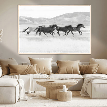 69934913-MGV-CV-36X24-Wild Horses Running Wall Art Canvas Print, Framed Black White Mustangs Art Picture Print, Rustic Western Perfect Rustic Western