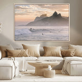 70644906-MGV-CV-36X24-Sunset Surfing Wall Art Canvas Print, Framed Misty Mountains Art Picture Print, Surfer Riding Wave Perfect Coastal Adventure Decor