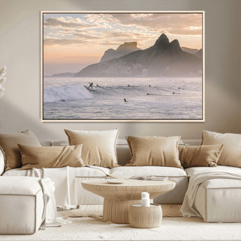 70644906-MGV-CV-36X24-Sunset Surfing Wall Art Canvas Print, Framed Misty Mountains Art Picture Print, Surfer Riding Wave Perfect Coastal Adventure Decor