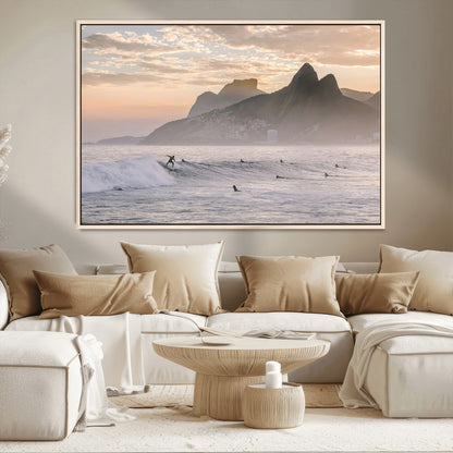 70644906-MGV-CV-36X24-Sunset Surfing Wall Art Canvas Print, Framed Misty Mountains Art Picture Print, Surfer Riding Wave Perfect Coastal Adventure Decor