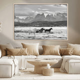 21655040-MGV-FC-36X24_Natural-Wild Horses Wall Art Canvas Print, Framed Black White Mountains Art Picture Print, Rustic Countryside Perfect Rustic Western Decor