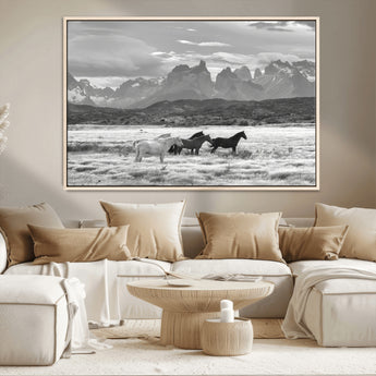 21655040-MGV-FC-36X24_Natural-Wild Horses Wall Art Canvas Print, Framed Black White Mountains Art Picture Print, Rustic Countryside Perfect Rustic Western Decor