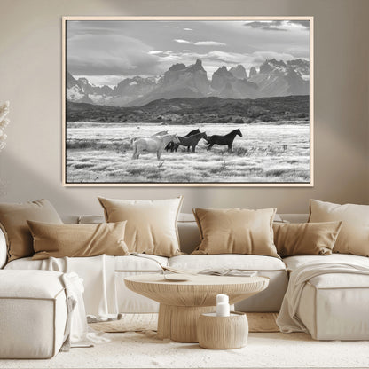 21655040-MGV-FC-36X24_Natural-Wild Horses Wall Art Canvas Print, Framed Black White Mountains Art Picture Print, Rustic Countryside Perfect Rustic Western Decor