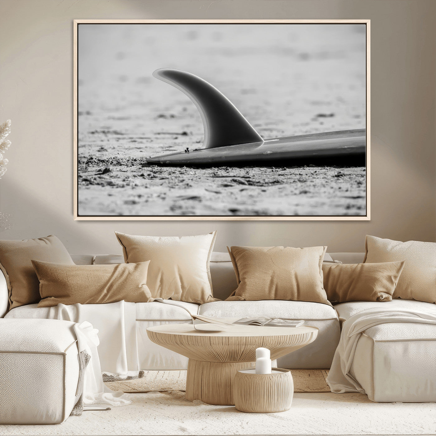 62314230-MGV-CV-36X24-Black White Surfboard Wall Art Canvas Print, Framed Minimalist Beach Art Picture Print, Surf Fin Perfect Minimalist Coastal Decor