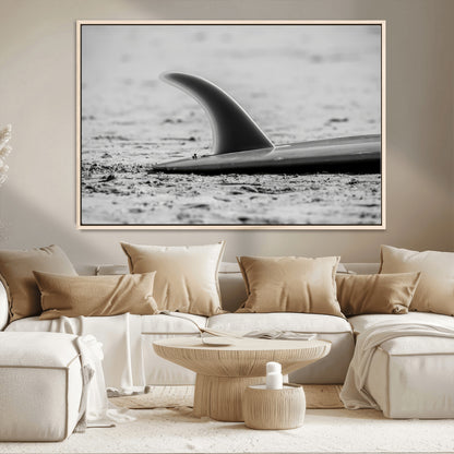 62314230-MGV-CV-36X24-Black White Surfboard Wall Art Canvas Print, Framed Minimalist Beach Art Picture Print, Surf Fin Perfect Minimalist Coastal Decor