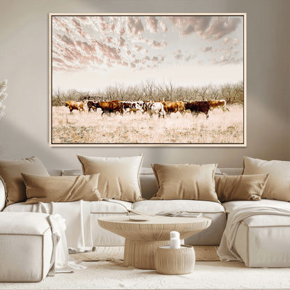 64892775-MGV-CV-36X24-Longhorn Cattle Wall Art Canvas Print, Framed Texas Ranch Art Picture Print, Western Cow Perfect Western Decor Artwork