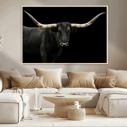 99448328-MGV-FC-36X24_Natural-Longhorn Cattle Wall Art Canvas Print, Framed Texas Ranch Art Picture Print, Western Cow Perfect Farmhouse Decor Artwork