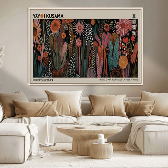 28344895-MGV-CV-36X24-Dark Floral Abstract Wall Art Poster – Modern Botanical Canvas Print with Beige Border, Kusama Inspired Boho Flower Painting,
