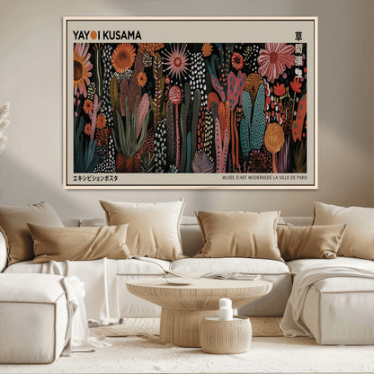 28344895-MGV-CV-36X24-Dark Floral Abstract Wall Art Poster – Modern Botanical Canvas Print with Beige Border, Kusama Inspired Boho Flower Painting,
