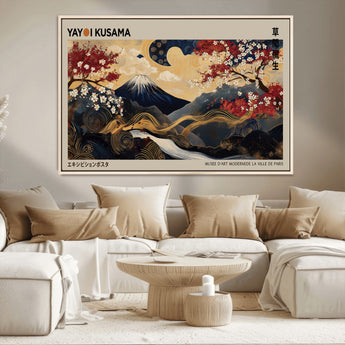54967195-MGV-CV-36X24-Mount Fuji Wall Art – Japanese Cherry Blossom Abstract Canvas Print, Navy Gold Landscape Painting, Oriental Luxury Home Decor