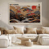 77970791-MGV-CV-36X24-Mount Fuji Golden Abstract Wall Art – Japanese Landscape Canvas Poster, Cherry Blossom & Red Sun Painting, Elegant Zen Oriental